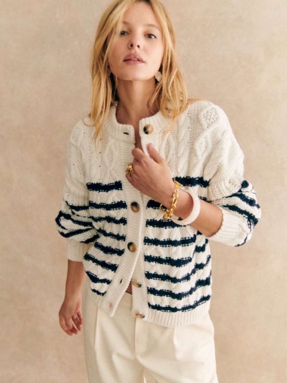 Sezane Sean Cardigan Ecru / Navy - Picture 2 of 7
